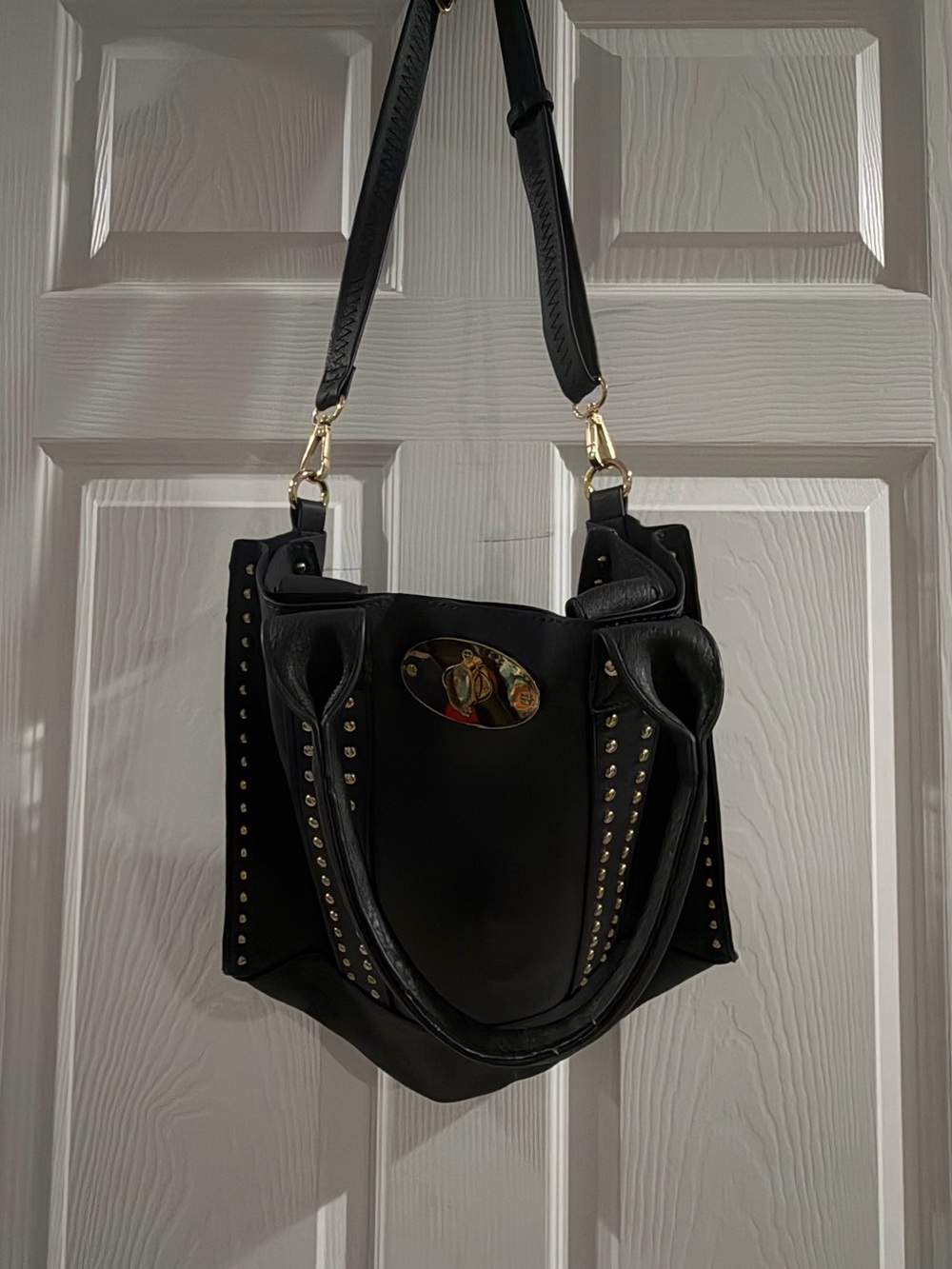Black Studded Women's Shoulder Bag with Gold Hardware